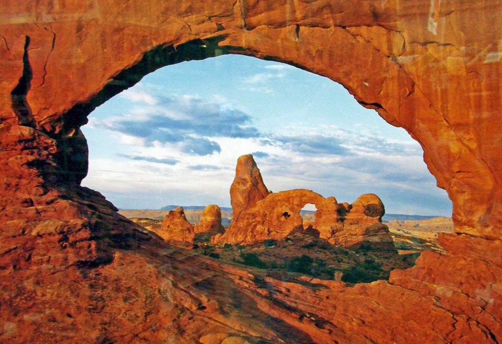 View through hole in red rocks