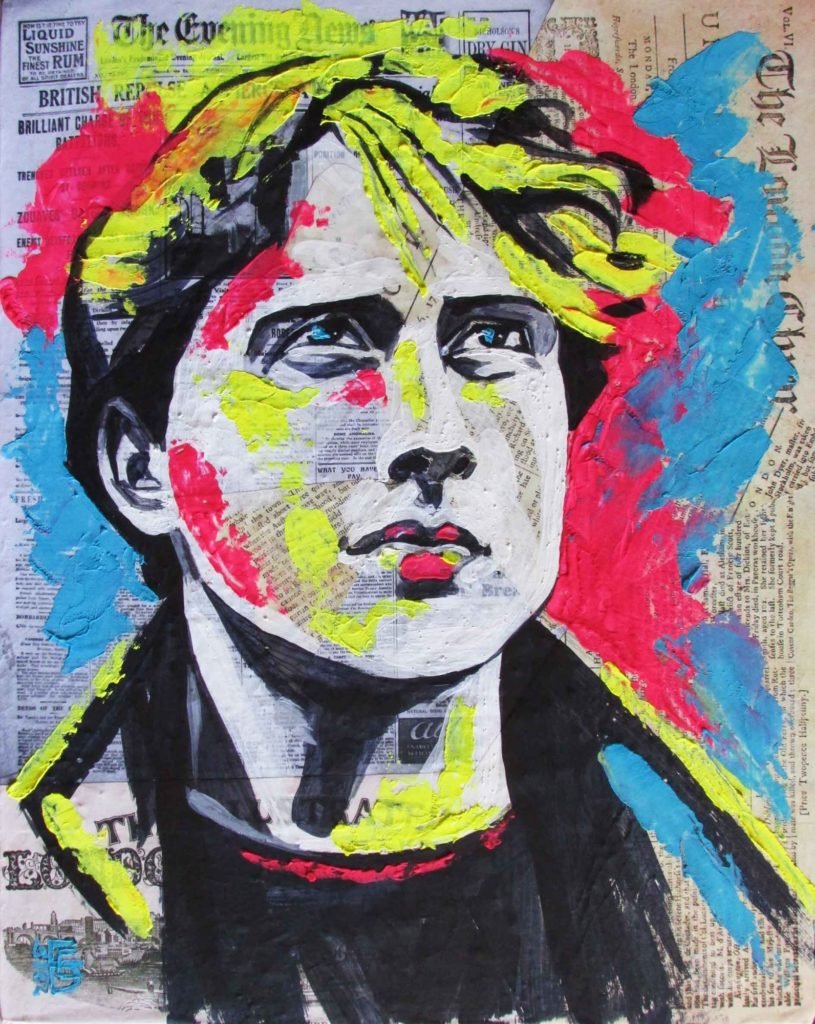 Painting on newspaper of young man
