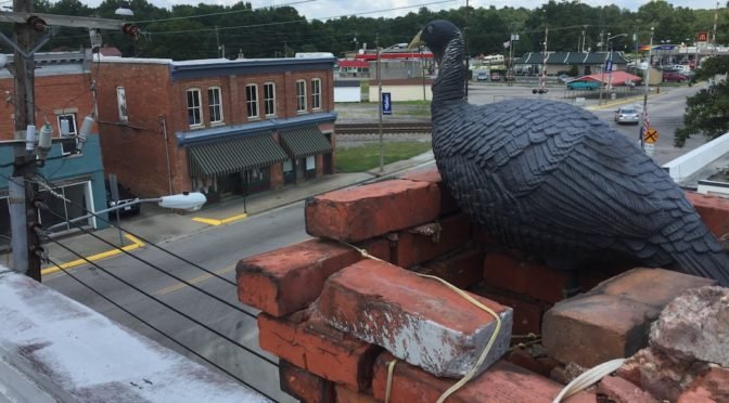 Plastic vulture on roof overlooking street