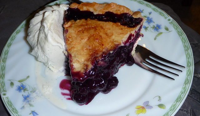 Color photo of slice of blueberry pie with ice cream on side