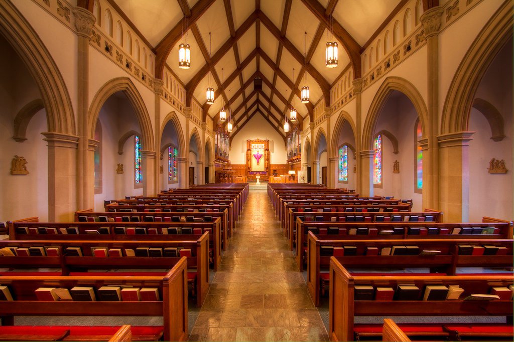 Photo of inside of church with vaulted ceiling