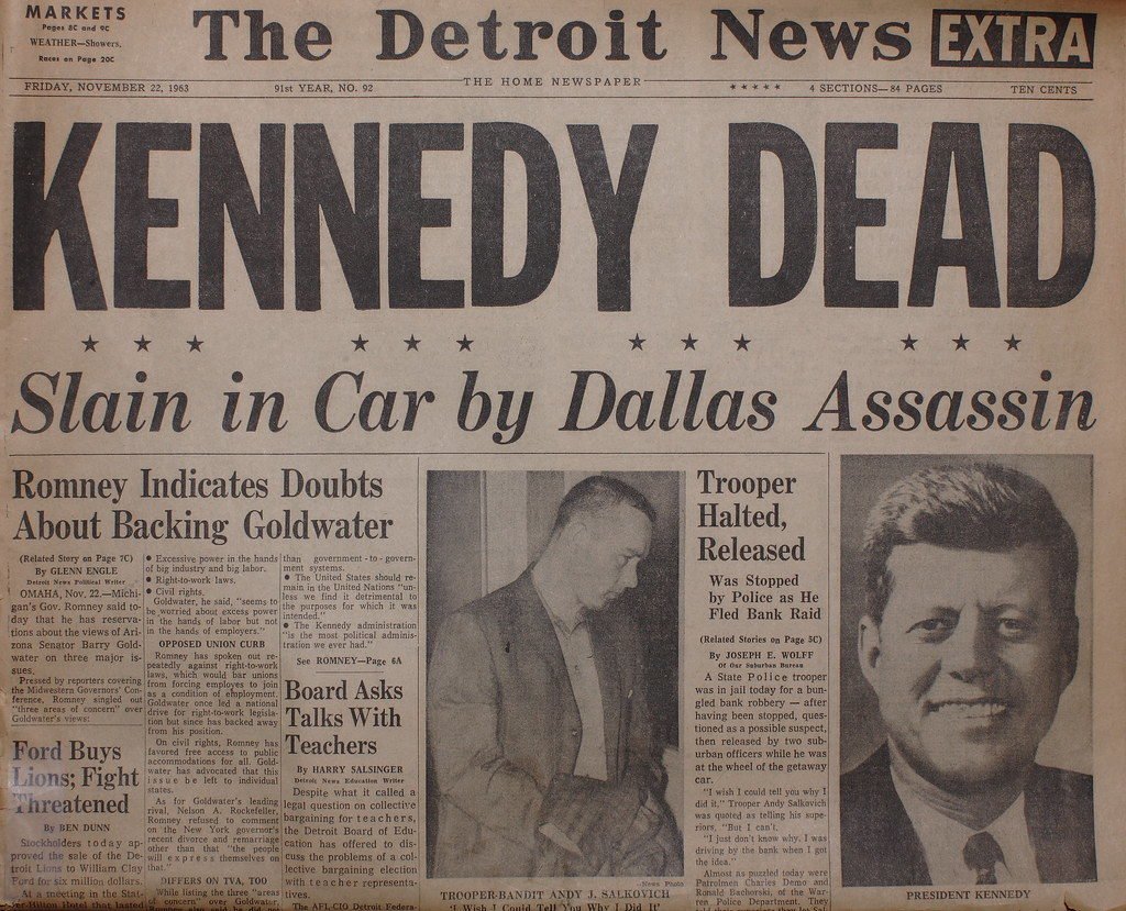 Photo of news headline reading "Kennedy Dead"
