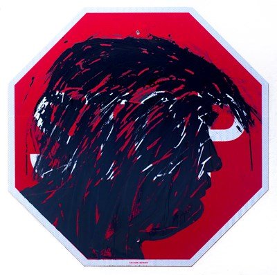 Inked silhouette of Trump on Stop sign