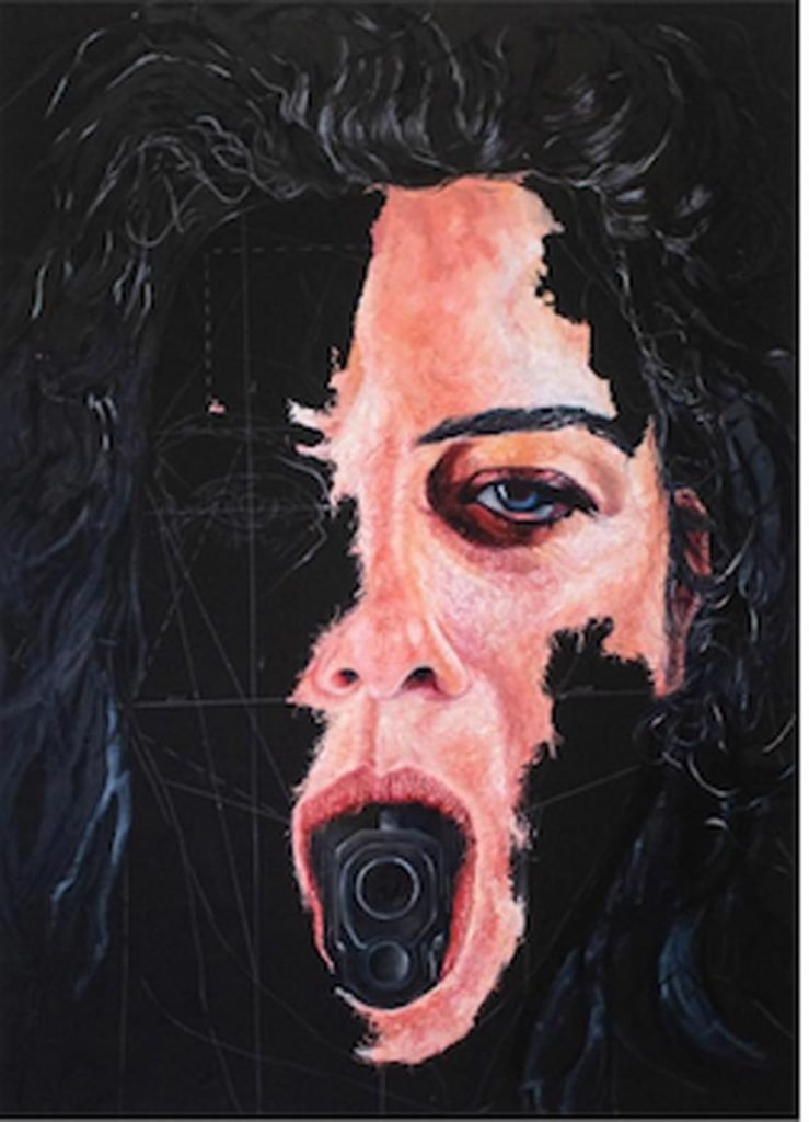 Painting of woman's face with barrel of gun for mouth