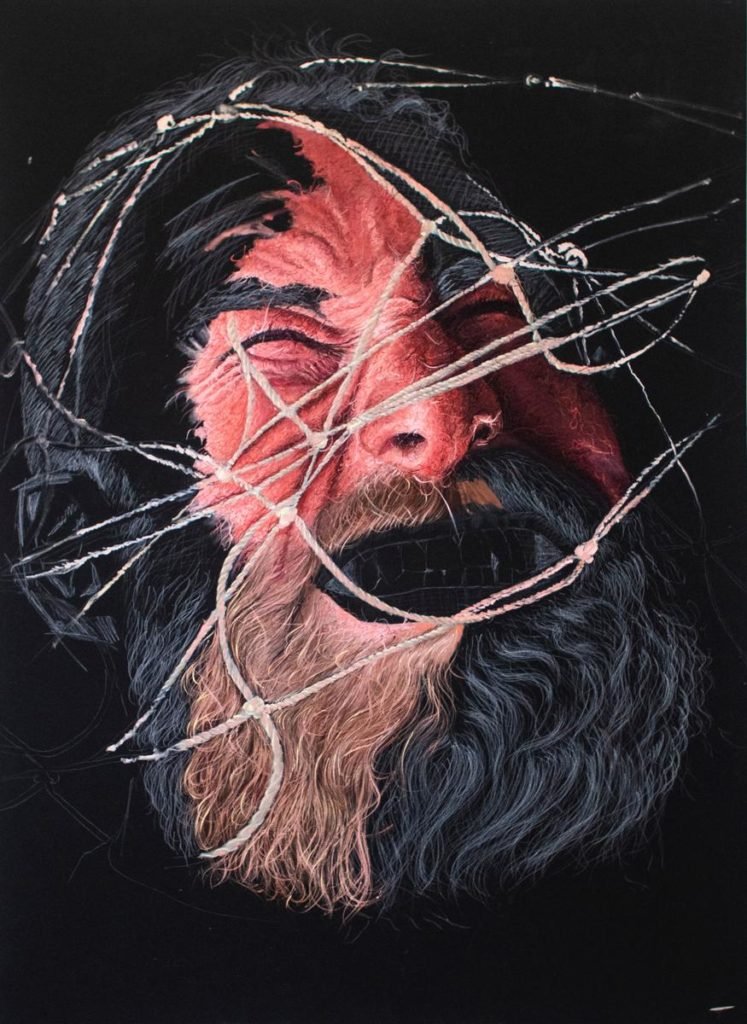 Painting of man's face covered in rope