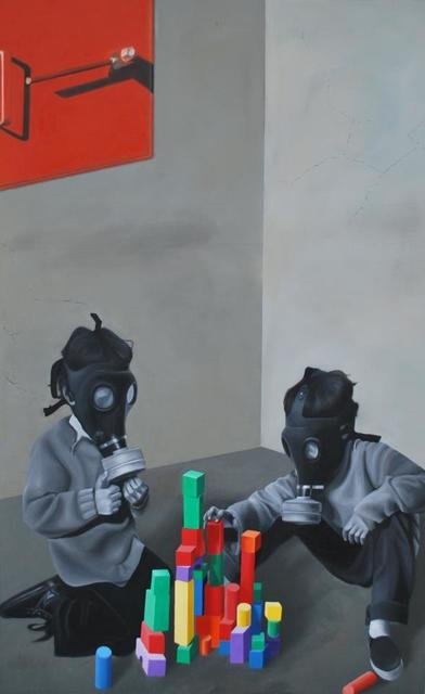 Painting of children playing, with gas masks on