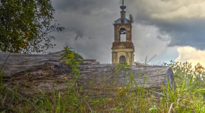 old abandoned church steeple with bells