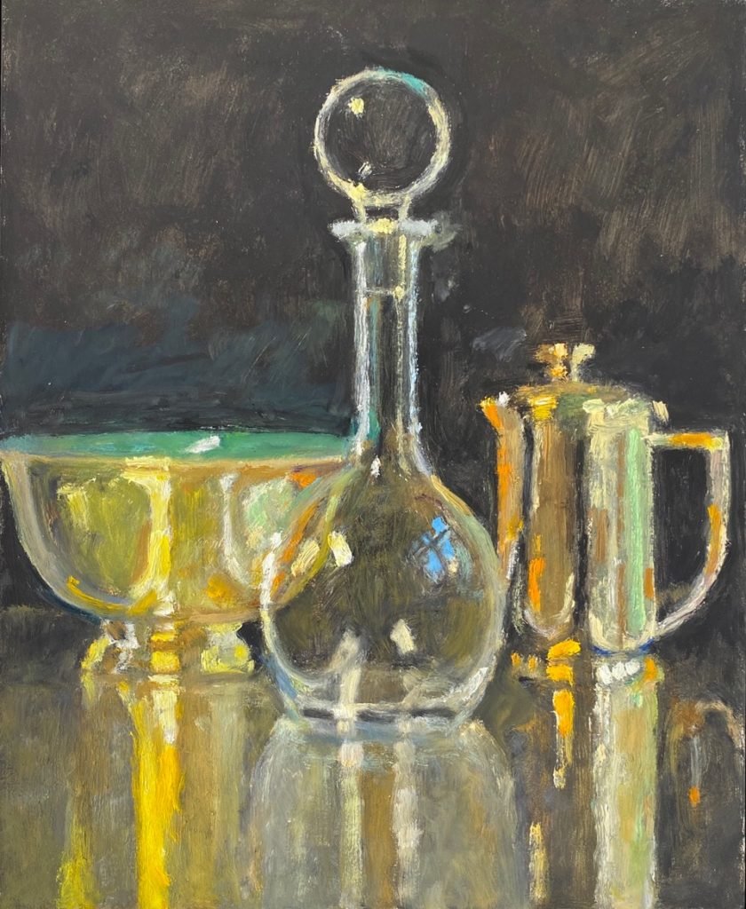 Painting of bowl, coffee pot and decanteur 