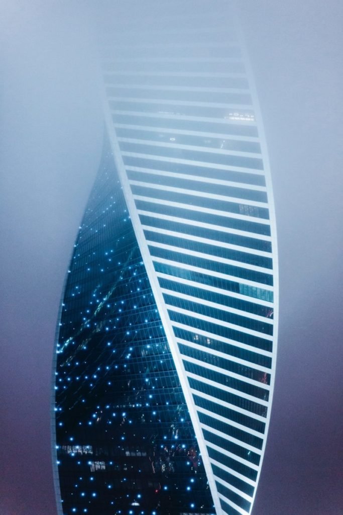 Photo of twisted building in fog