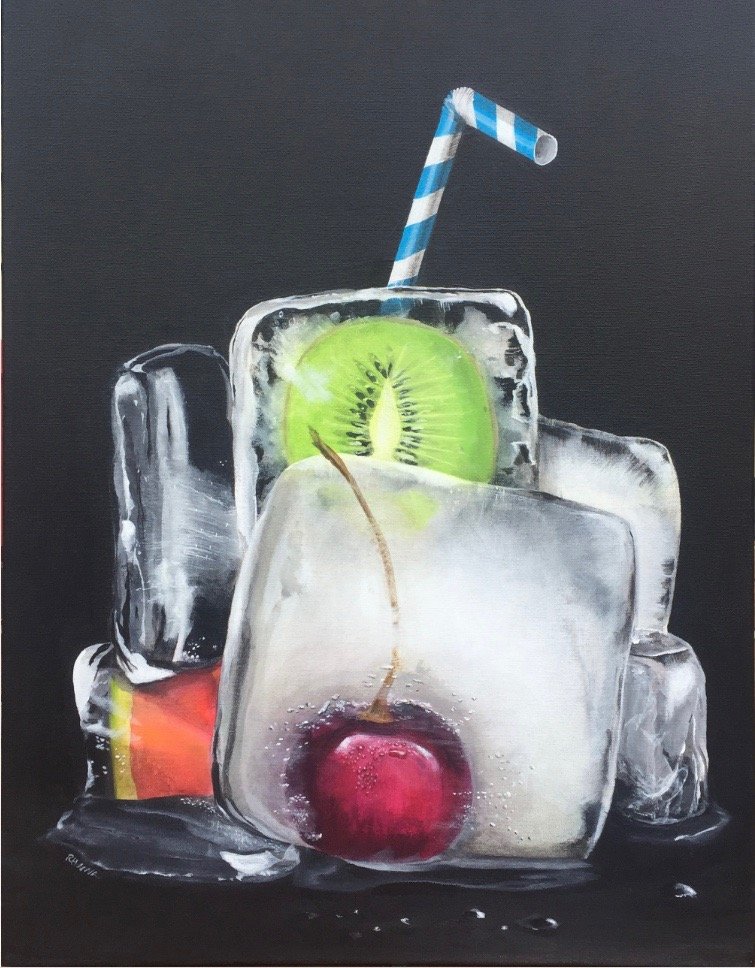 Painting of fruit in ice frozen in ice cubes, with straw