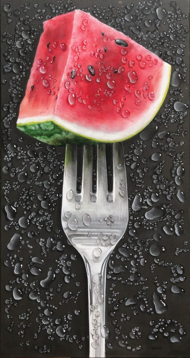 Painting of watermelon slice on fork with water drops