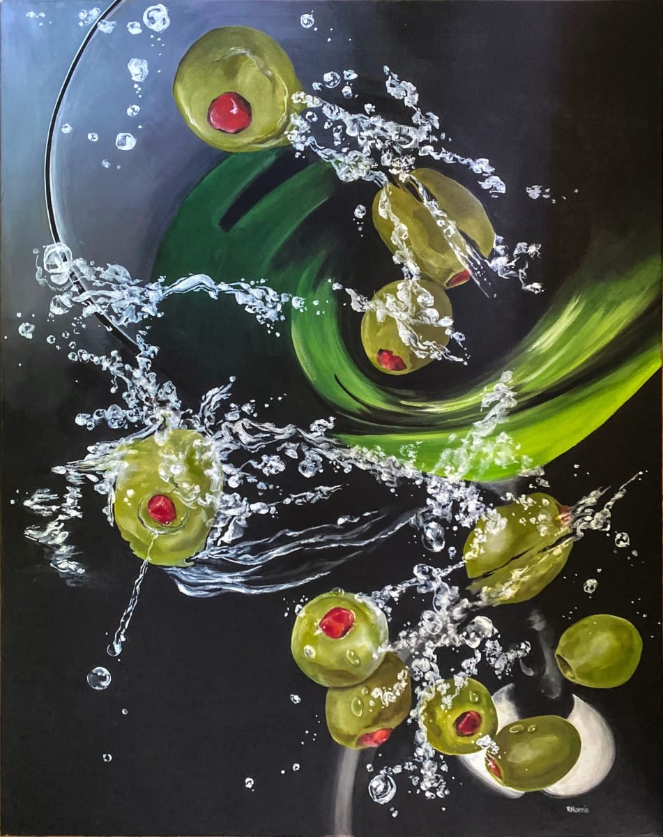 Painting of olives swiriing in liquid