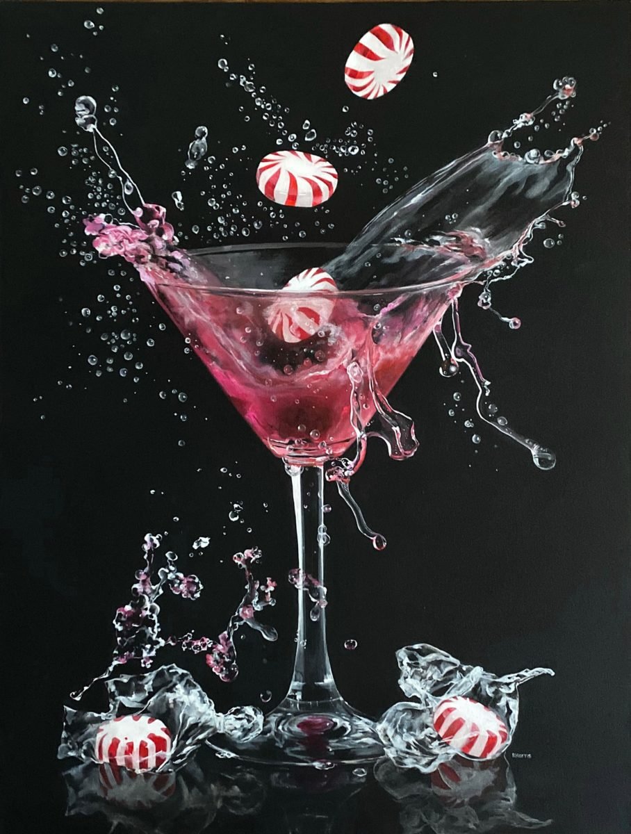 Painting of mints dropping in full martini glass