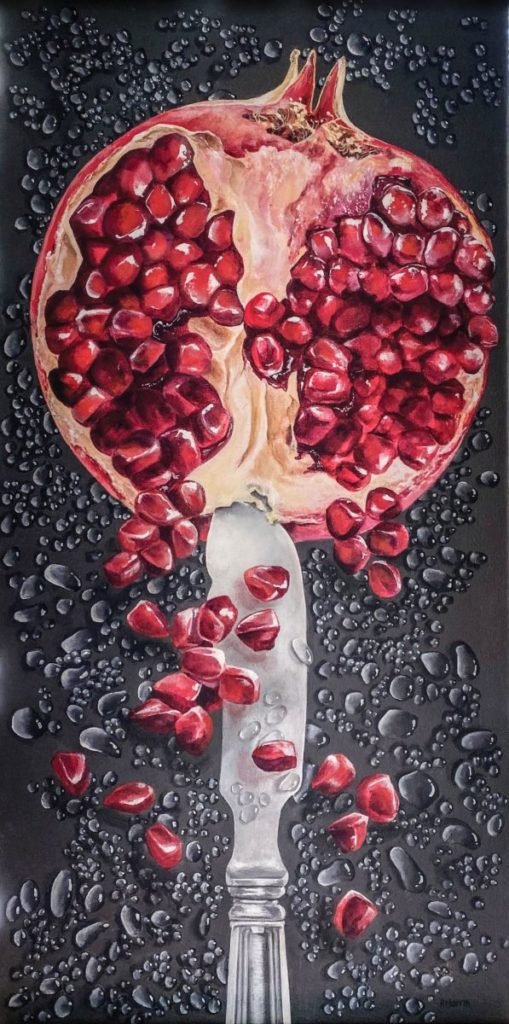 Painting of knife and pomegranate amidst water drops