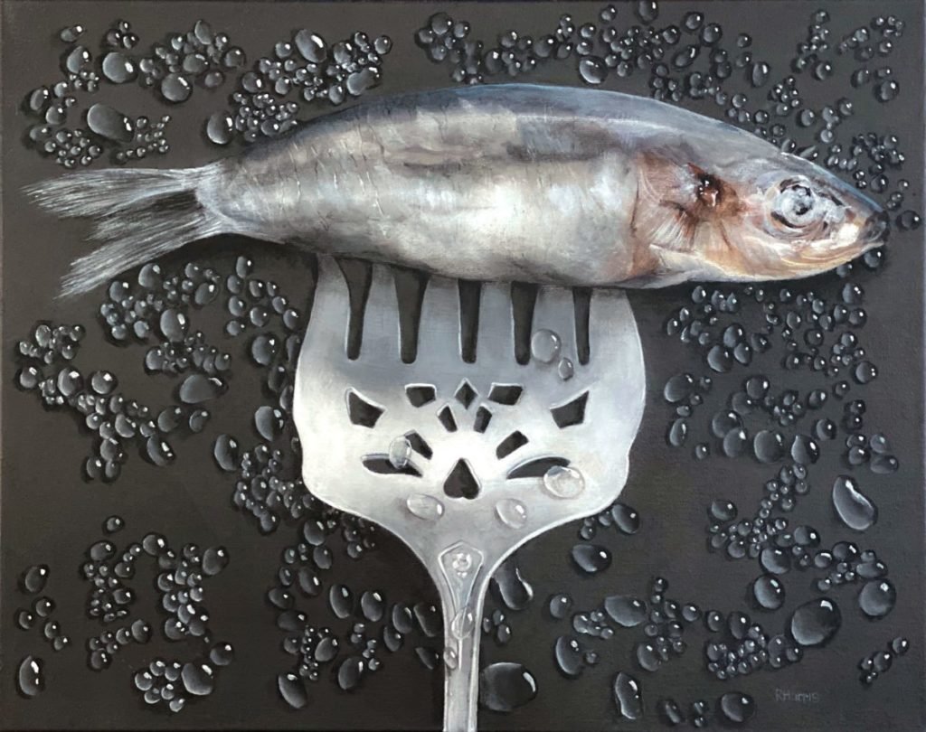 Painting of sardine on fork amidst water drops