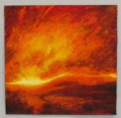 Painting of large, bright fire