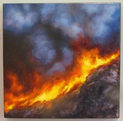 Painting of large fire with blue/black smoke