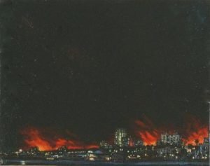 Painting of city on fire against black sky