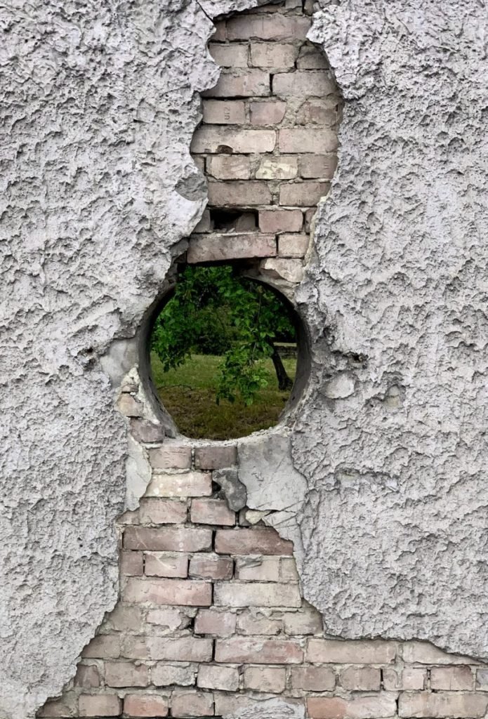 Photo of a whole in wall looking through to a tree