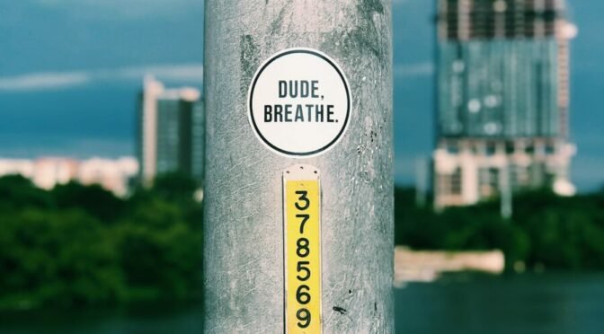 Photo of sign that says "Dude. Breathe" on pole