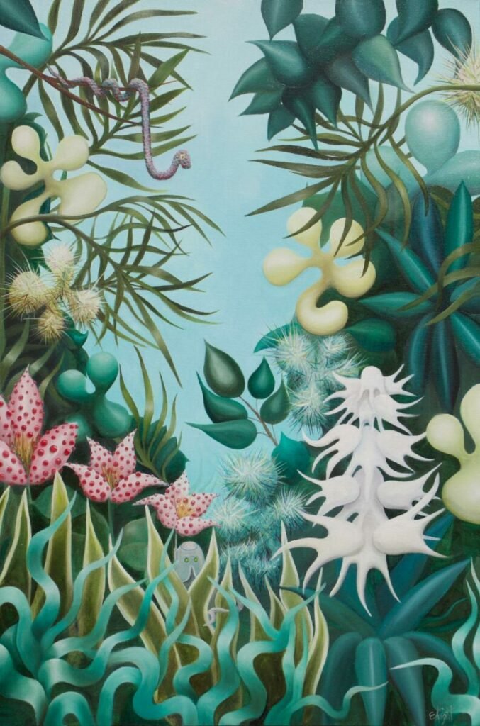 Equatorial Junglebot,  oil on canvas, 48’ x 24,” 2022