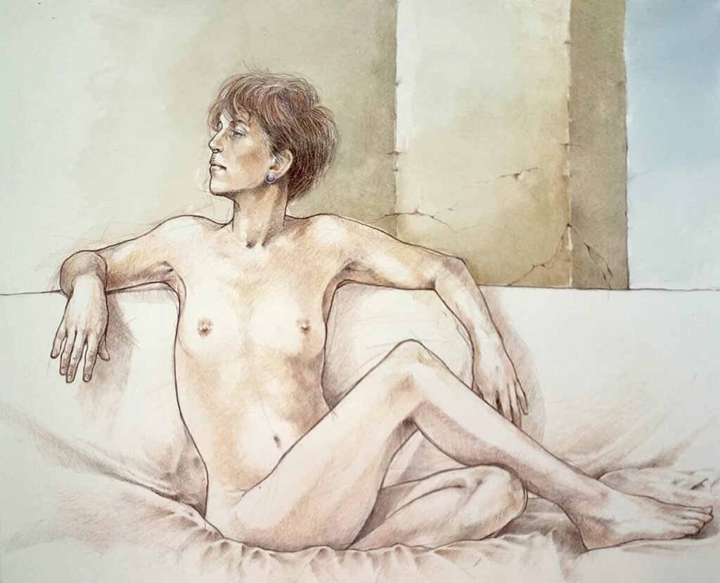 Rendering of nude woman sitting on couch