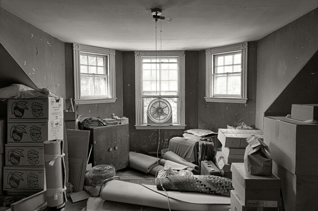 Black and white photo of attic with boxes and a fan in the window