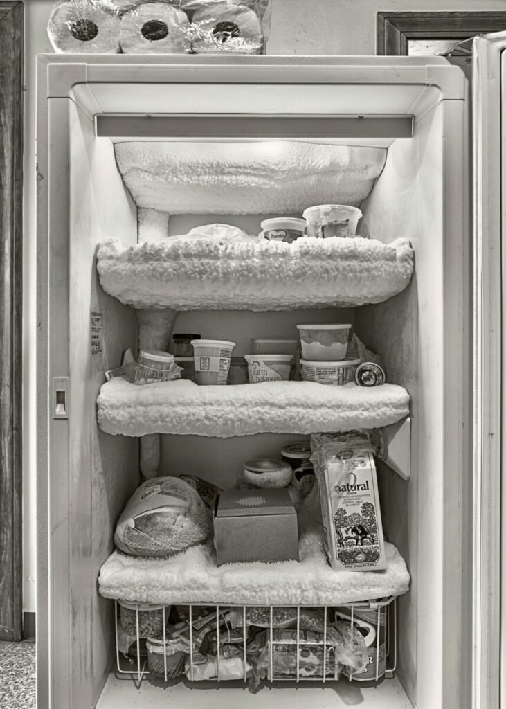 Black and white photo of large, open, full freezer