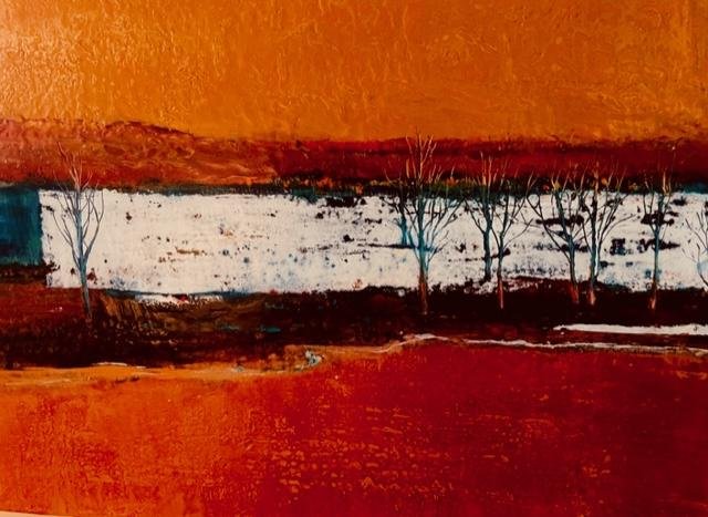 Painting of river with red river banks and a few barren trees
