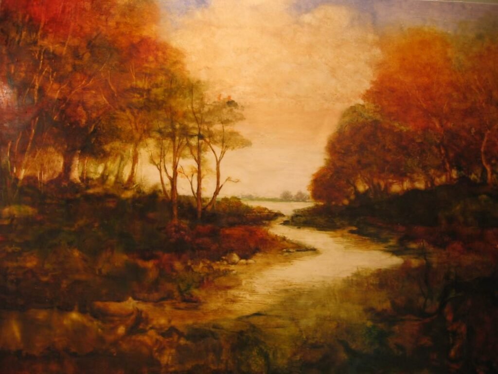 Watercolor of river through autumn trees
