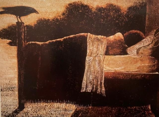 Painting of woman laying on side in bed, seemingly outside, with crow at foot of bed