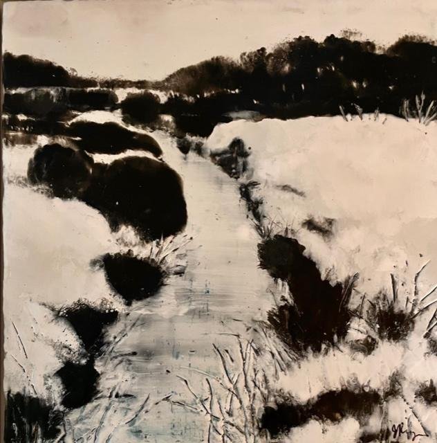 Painting of snow covered creek through snow covered banks