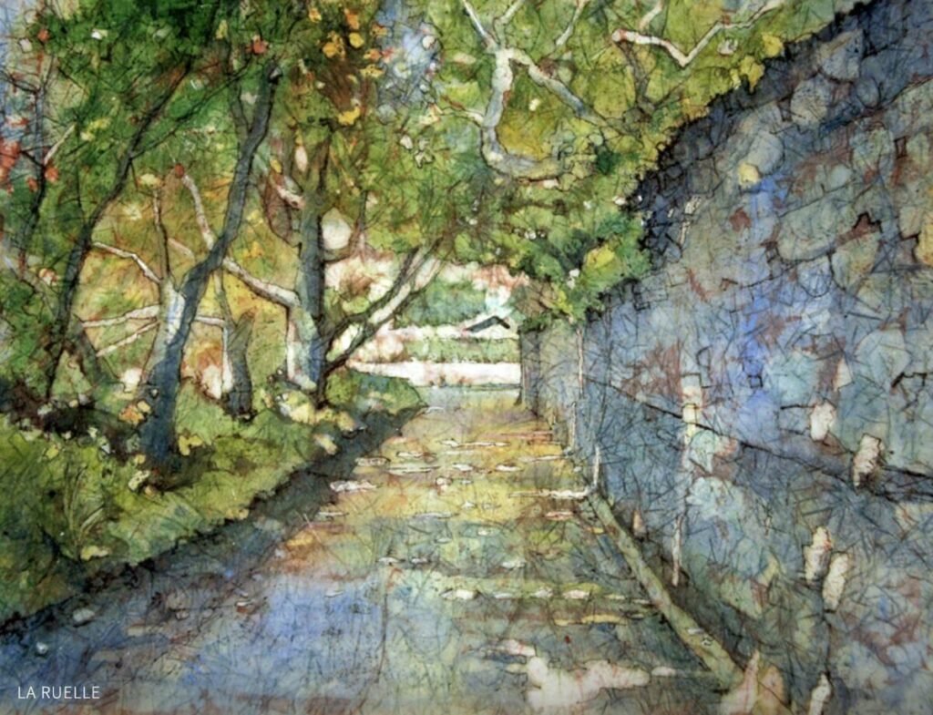 Painting of park with trees on one side, stone wall on other