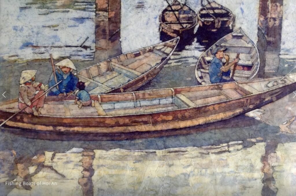 Painting of Thai fishing boat and fisherman on water