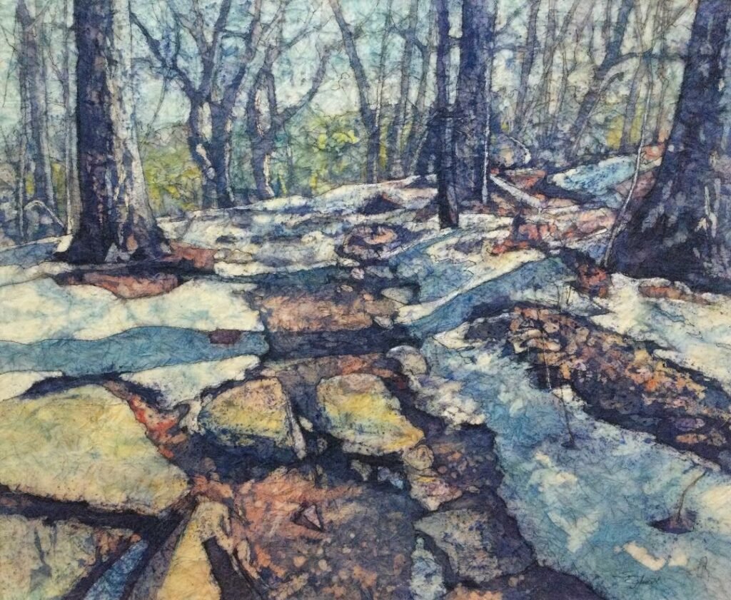 Painting of trail through woods with bare trees
