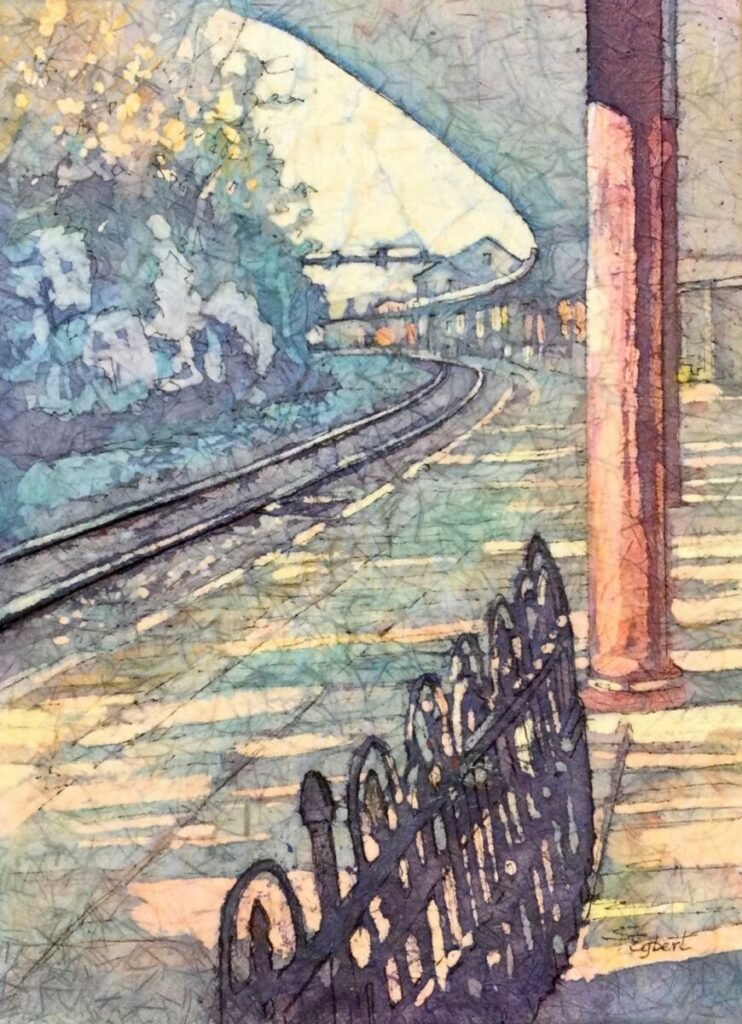 Painting of train side, outside of train station