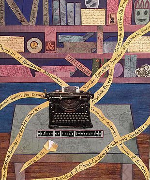 Collage of bookcase and typewriter with words coming out of it