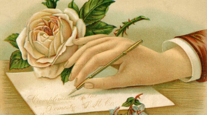 Drawing of hand writing in front of a rose