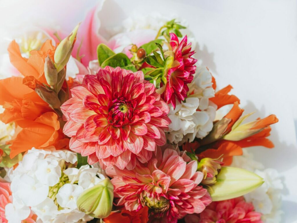 photo of bouquet of orange, pink, and white flowers