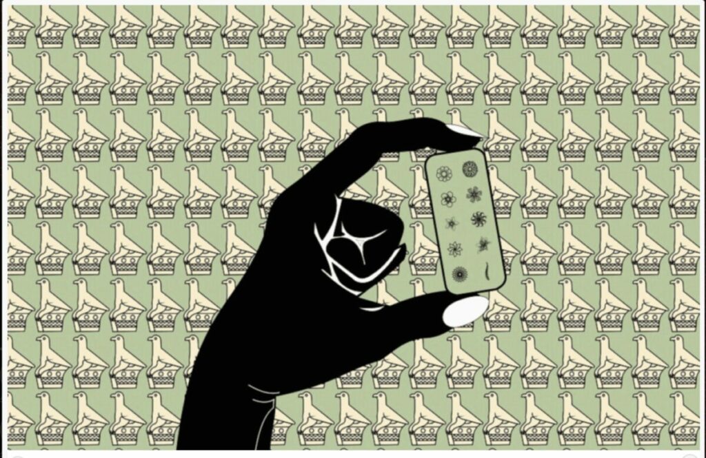 Graphic designed hand holding small remote