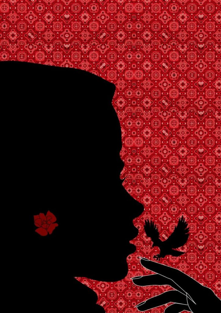 Graphic design of profile of face and hand with small bird landing on finger