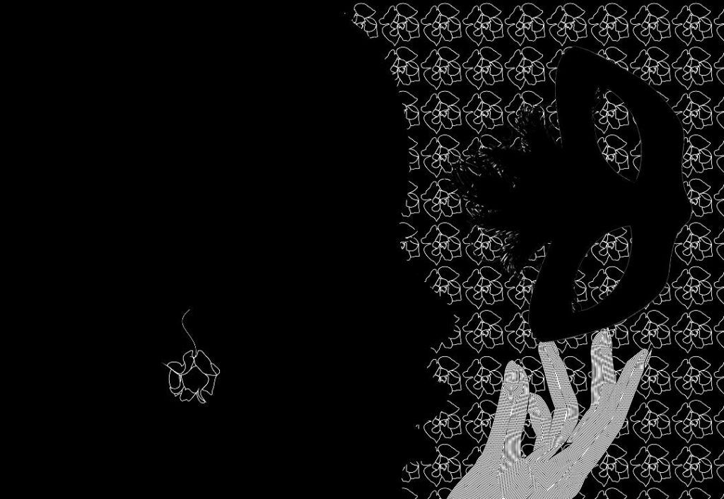 Graphic design of woman's head and hand, holding mask