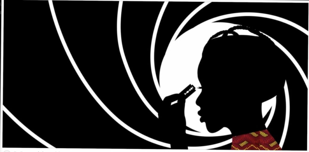 Graphic design of profile of face and hand holding razor blade