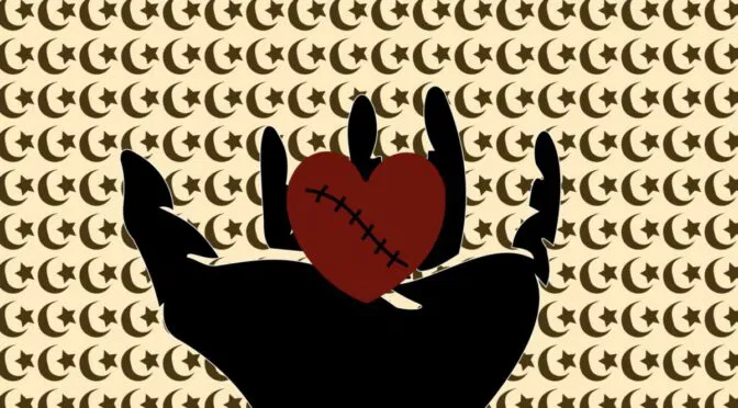 Graphic designed image of hand holding heart with stitches across it