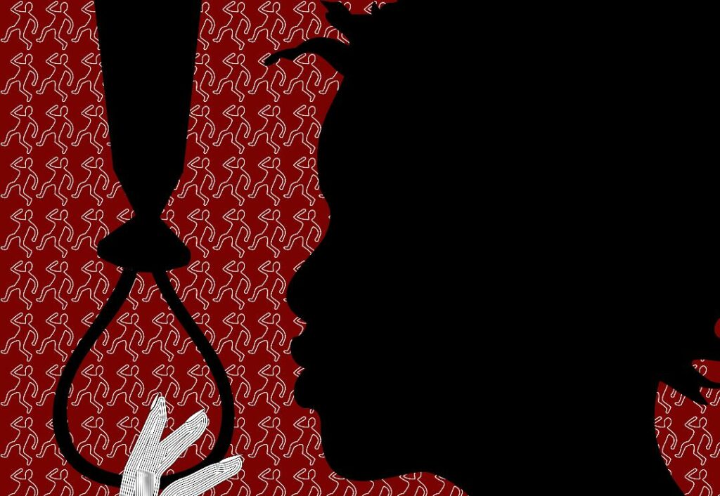 Graphic design of head and hand, with noose in background