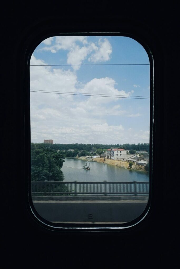 River and blue sky from window