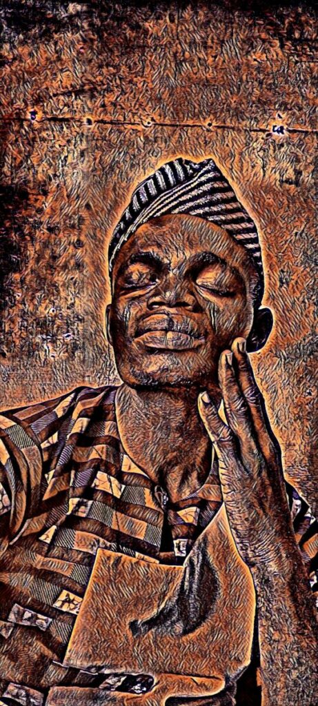Digitally altered self portrait of artist with eyes closed, touching his face
