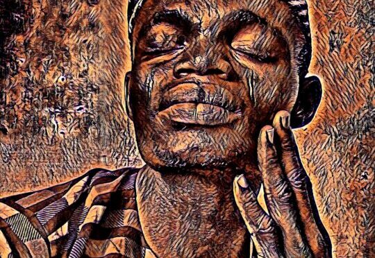 Digitally altered self portrait of artist with eyes closed, touching his face