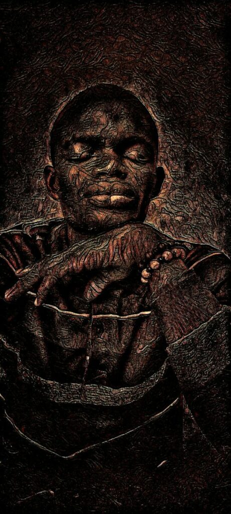 Digitally altered self portrait of artist with eyes closed and chin resting on back of hand