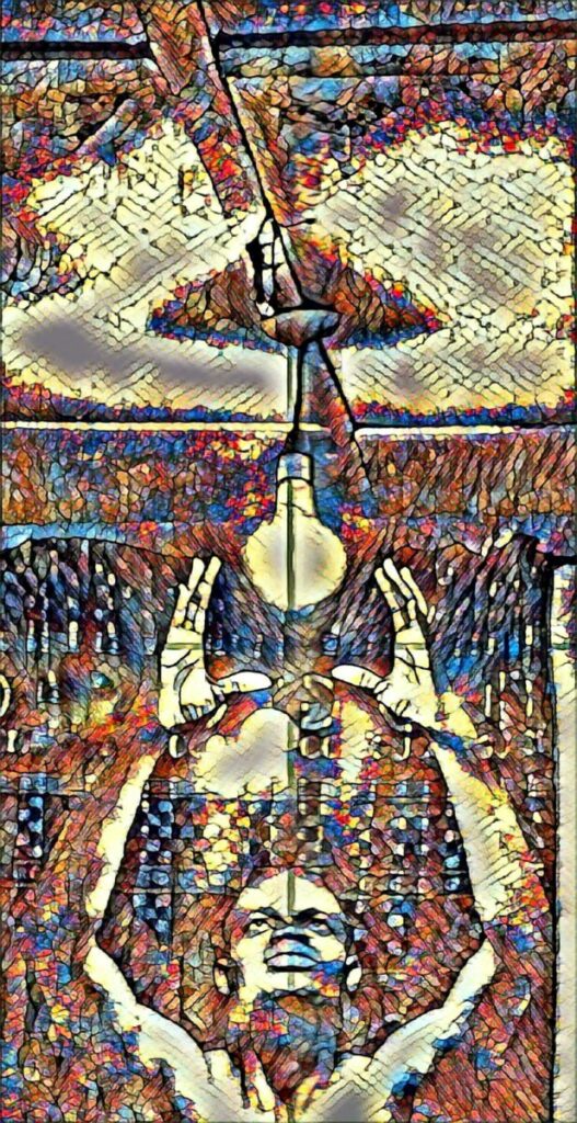 Digitally altered self portrait of artist with hand raised above his head, encircling a light bulb